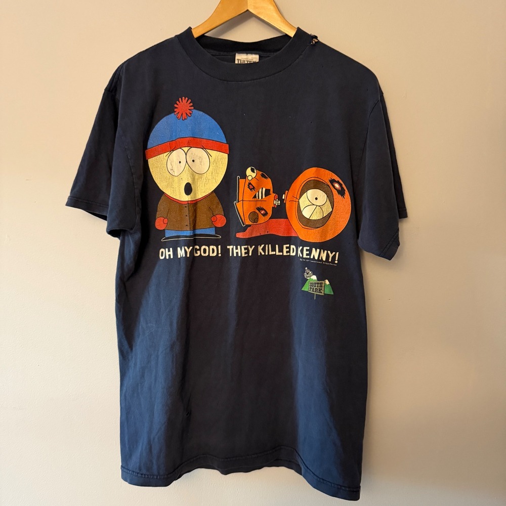 Vintage 1997 South Park They Killed Kenny T-Shirt Tultex Navy Blue Mens Large
